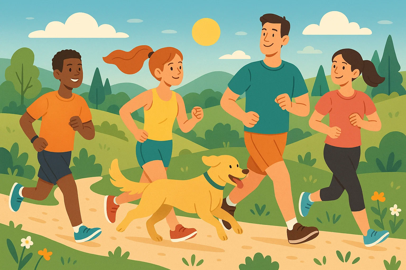 Skupina běžců se psem v přírodě